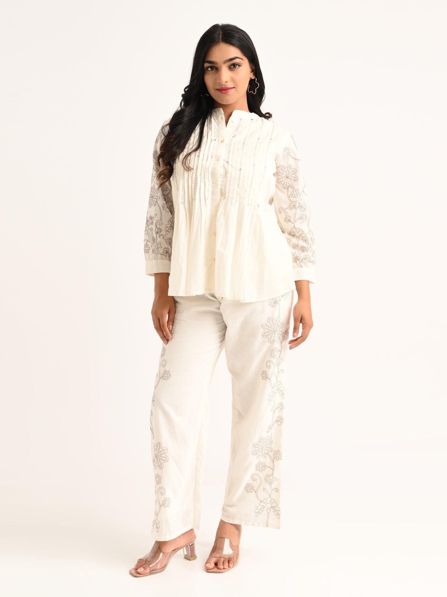 White Pintuck Top Embroidered Co-ord Set