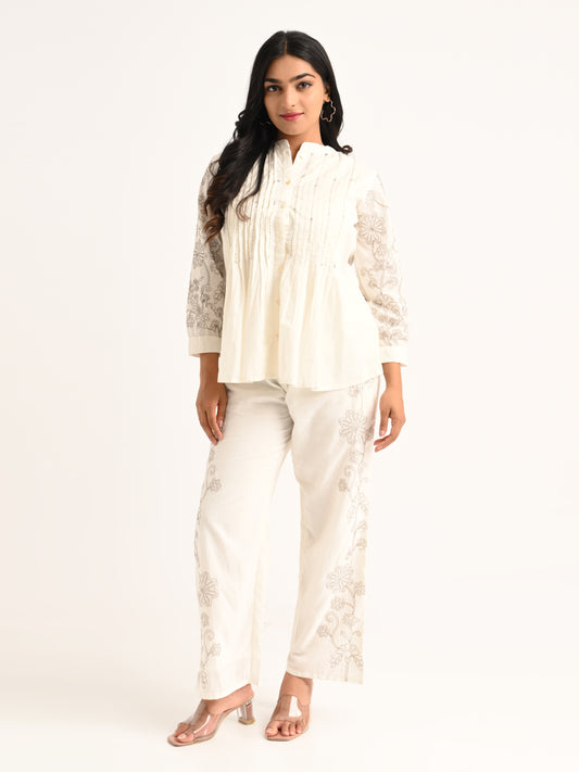 White Pintuck Top Embroidered Co-ord Set