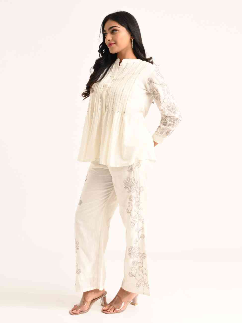 White Pintuck Top Embroidered Co-ord Set