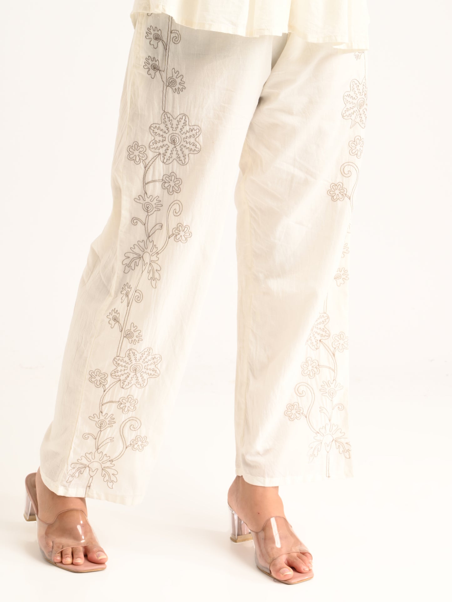 White Pintuck Top Embroidered Co-ord Set