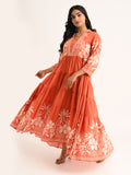 Rust Tiered Flared Dress with Floral Print