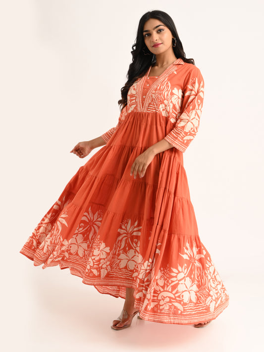 Rust Tiered Flared Dress with Floral Print