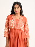 Rust Tiered Flared Dress with Floral Print