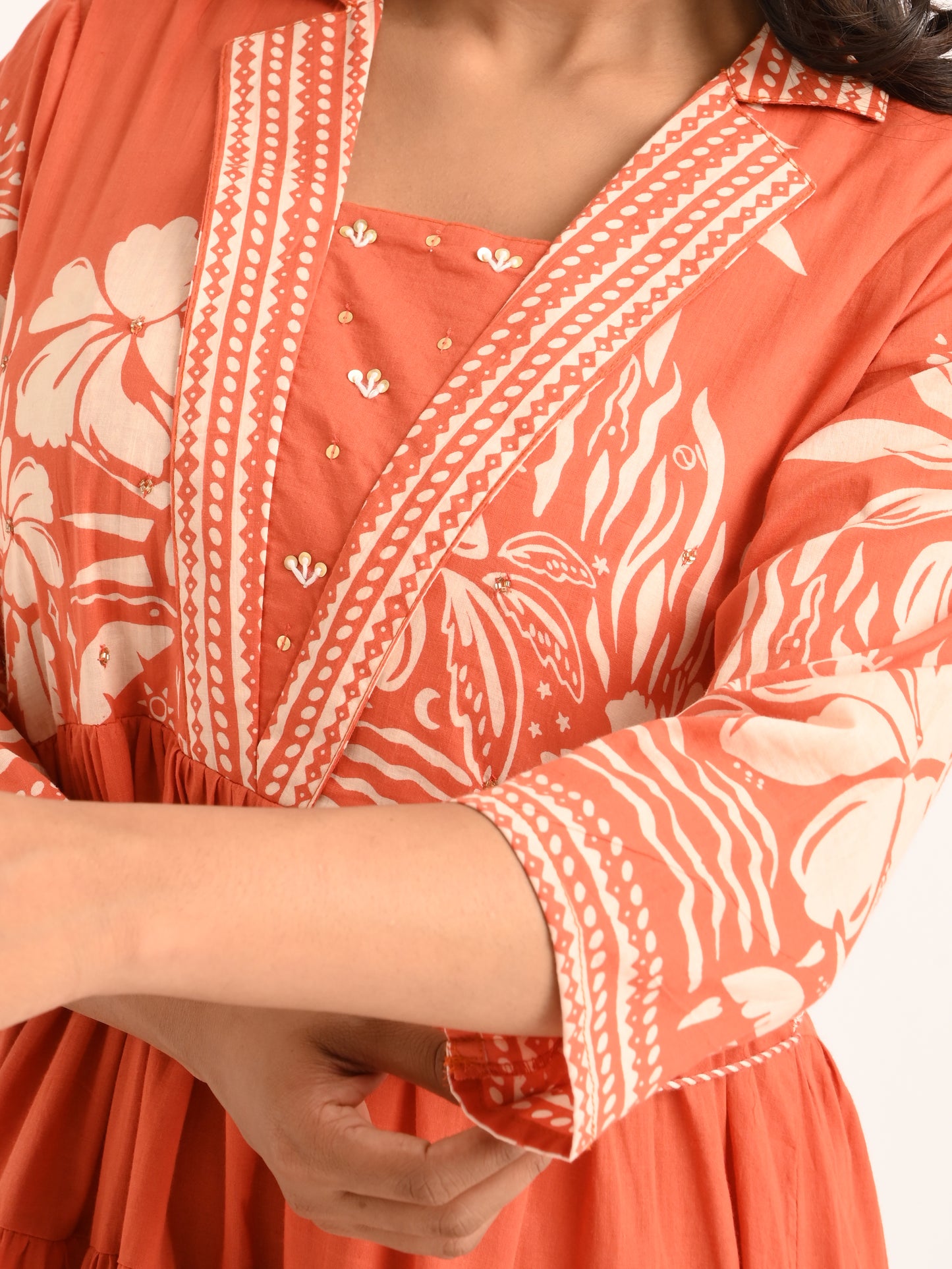 Rust Tiered Flared Dress with Floral Print
