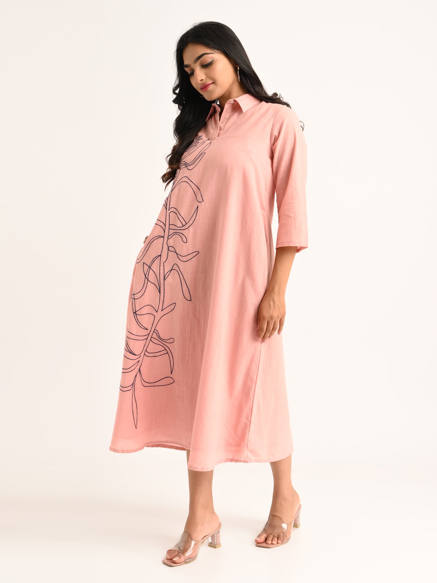 Blush Pink Shirt Dress with Abstract Embroidery