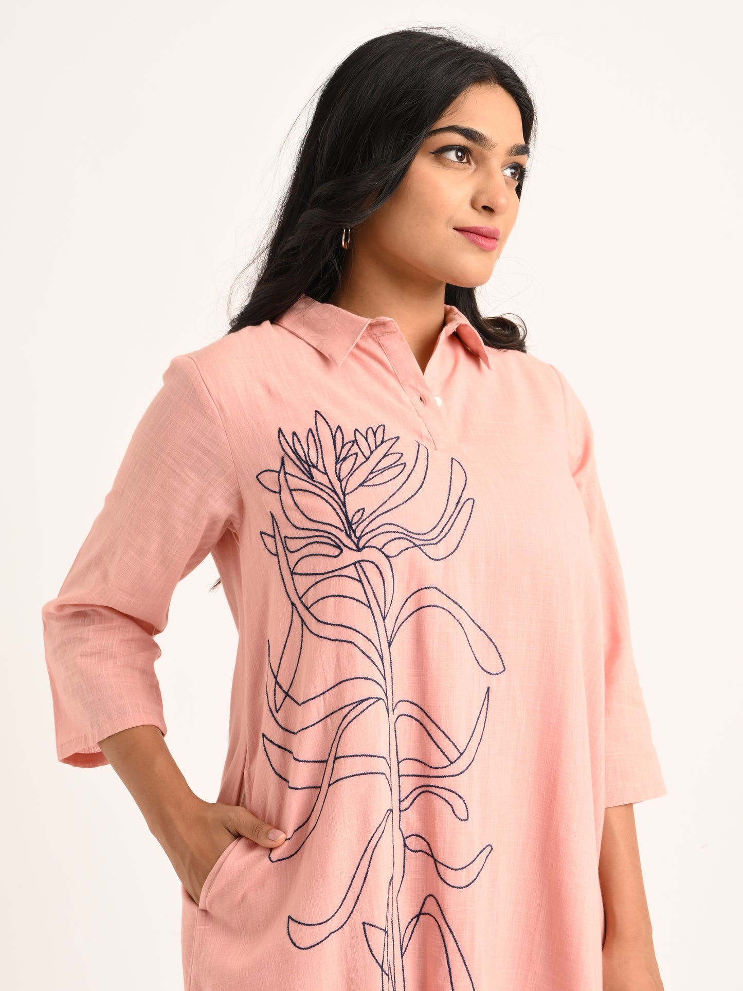 Blush Pink Shirt Dress with Abstract Embroidery