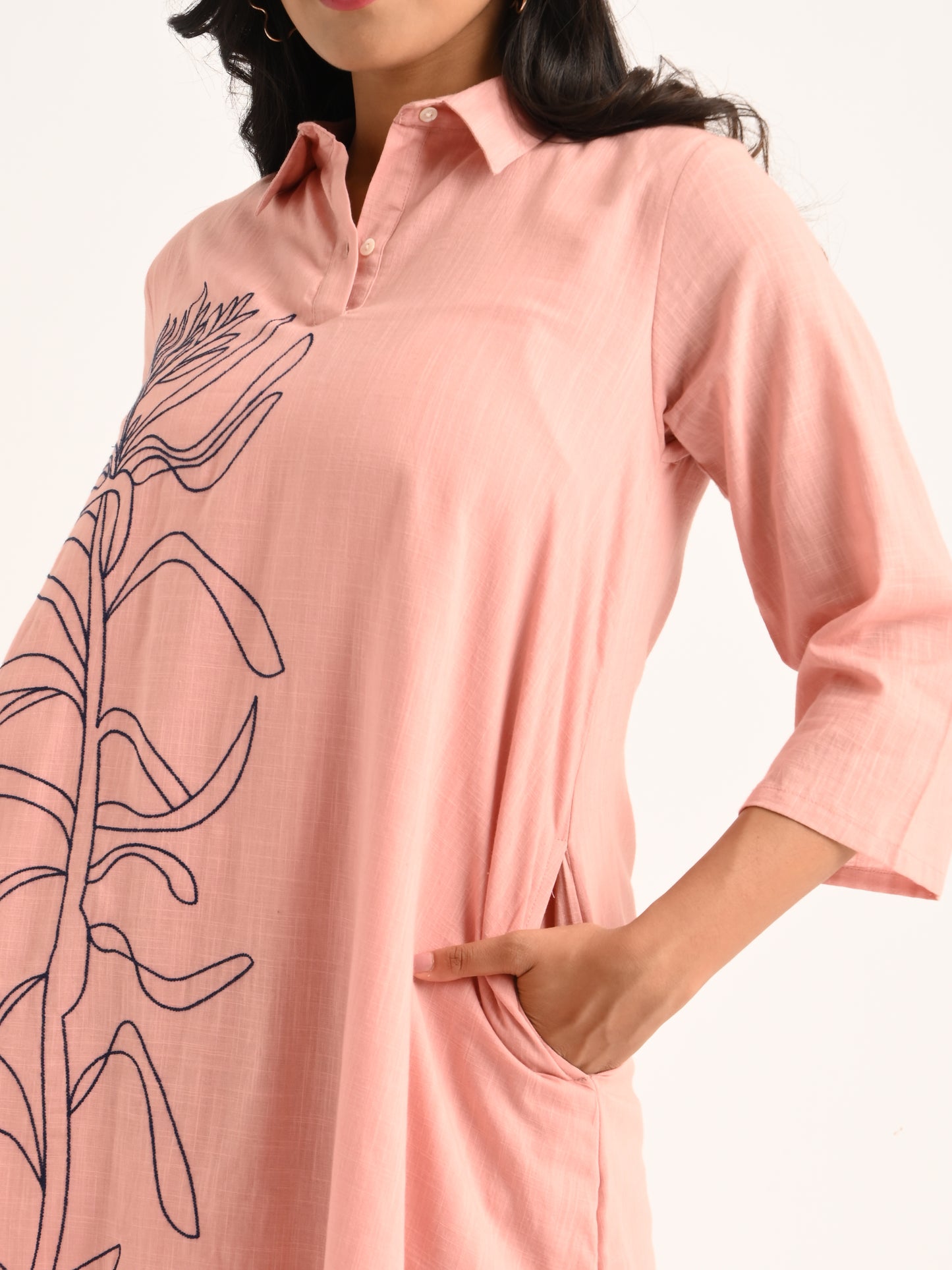Blush Pink Shirt Dress with Abstract Embroidery