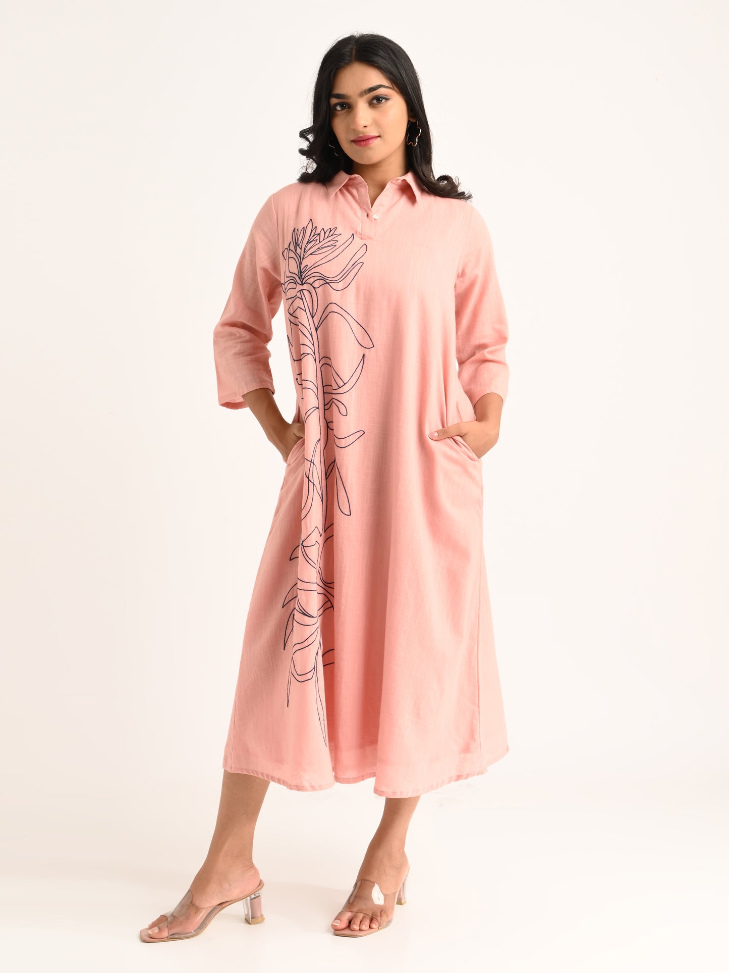 Blush Pink Shirt Dress with Abstract Embroidery