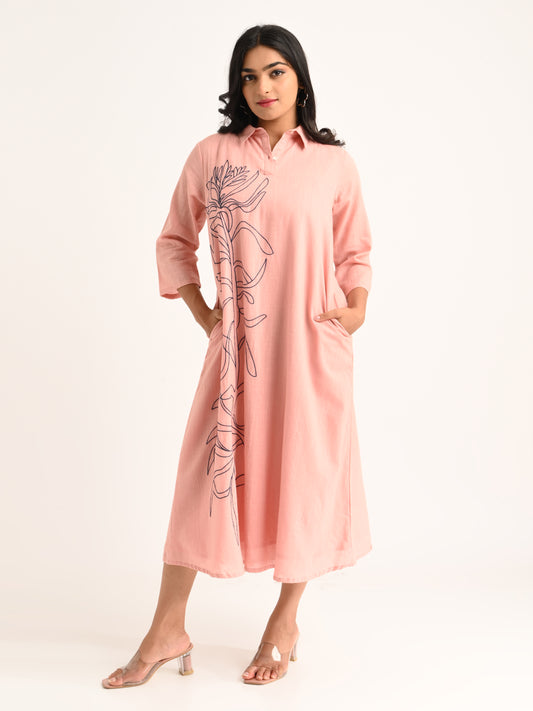 Blush Pink Shirt Dress with Abstract Embroidery
