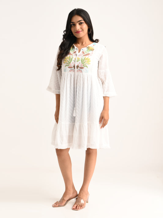 White Flared Short Dress with Colorful Embroidery