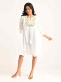 White Flared Short Dress with Colorful Embroidery