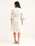 Embroidered White Flared Dress with Blue Accents