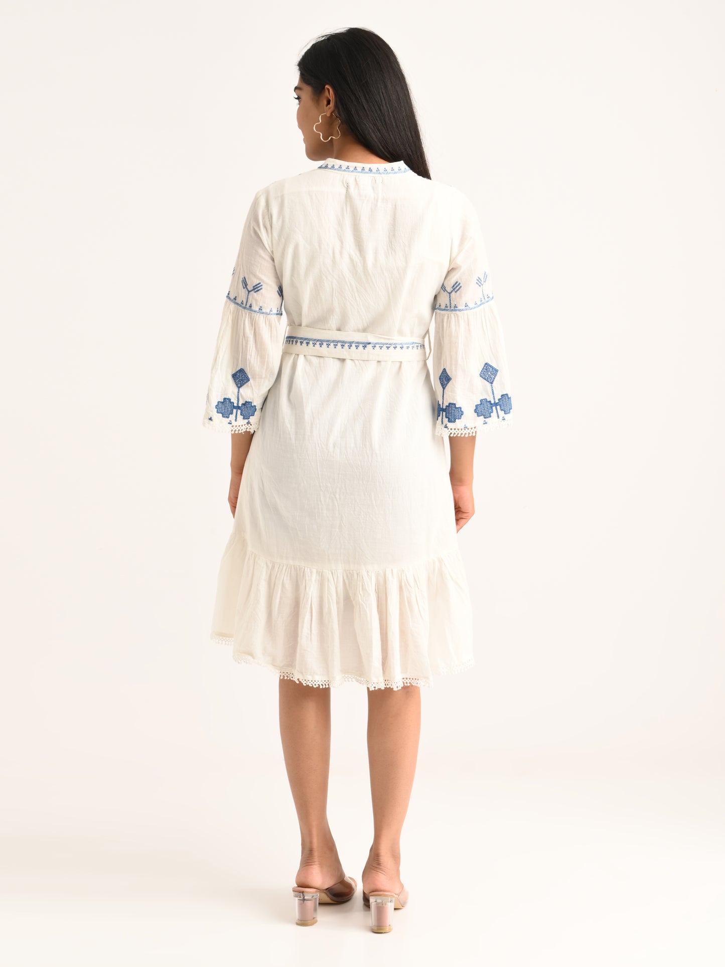 Embroidered White Flared Dress with Blue Accents