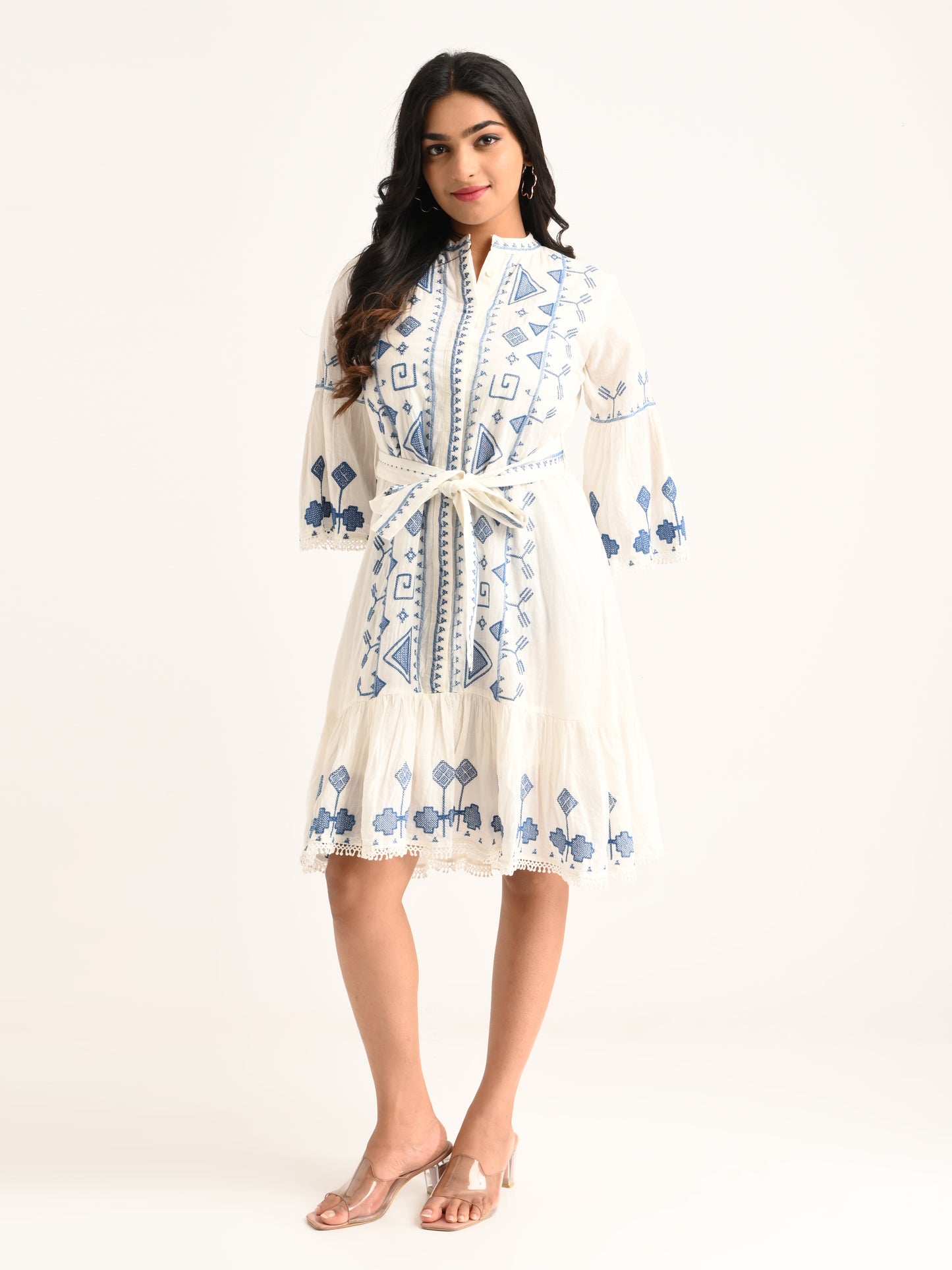 Embroidered White Flared Dress with Blue Accents