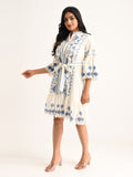 Embroidered White Flared Dress with Blue Accents