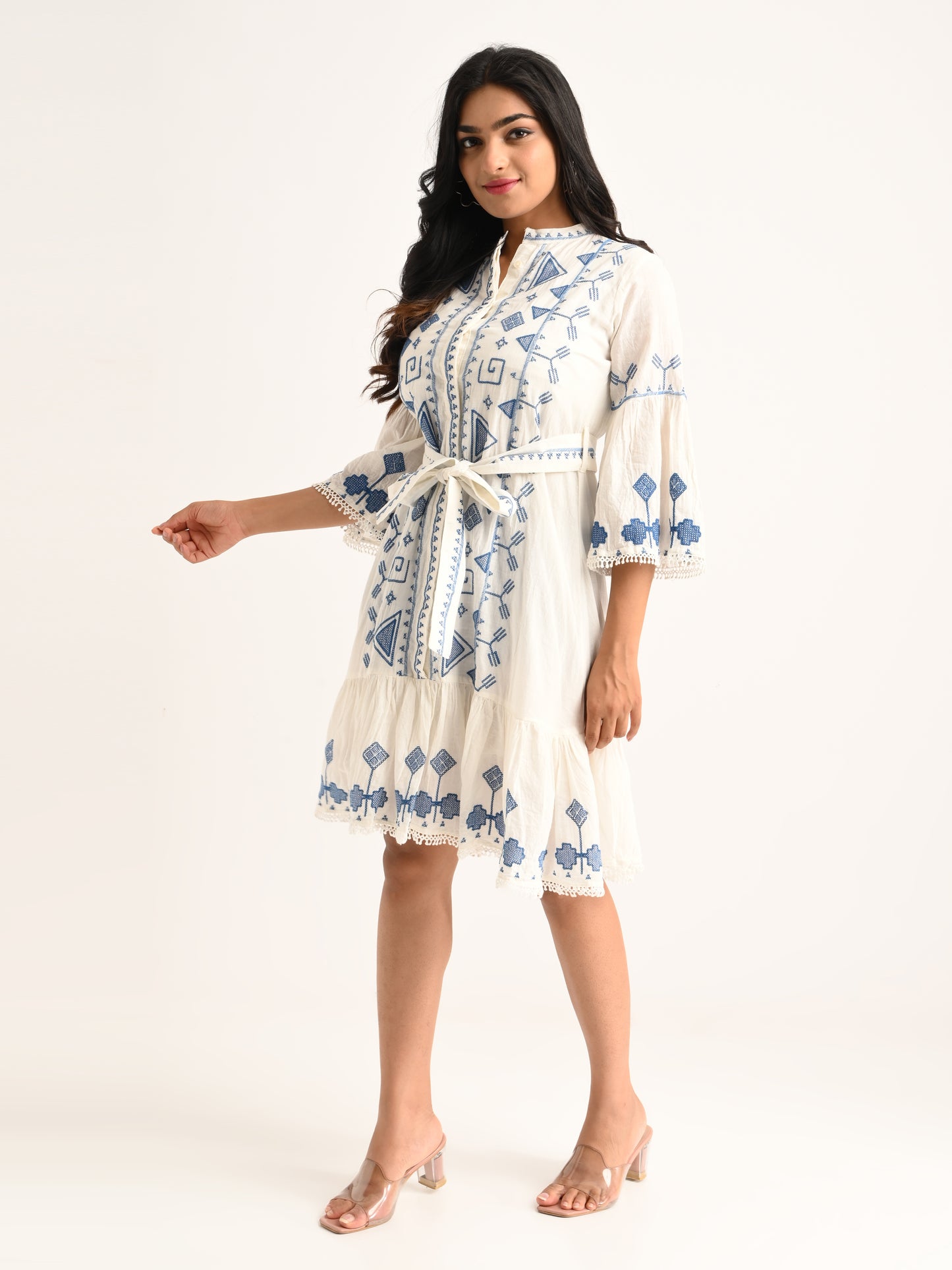 Embroidered White Flared Dress with Blue Accents
