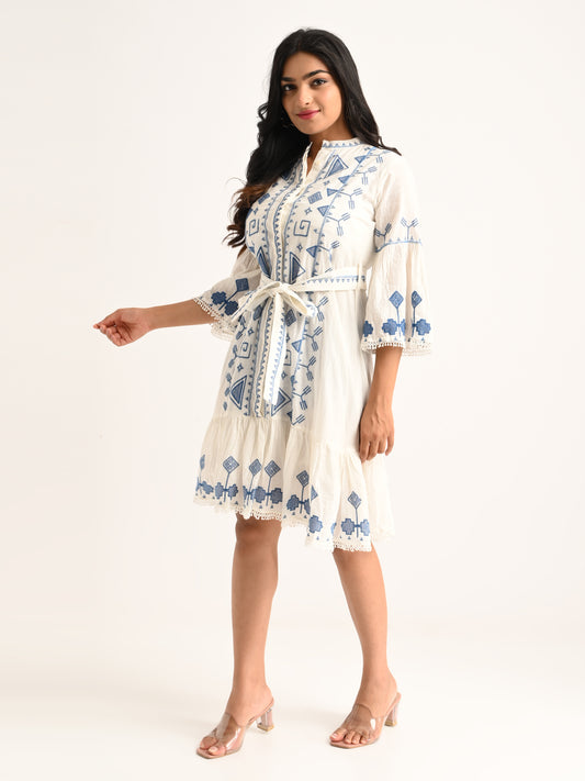 Embroidered White Flared Dress with Blue Accents