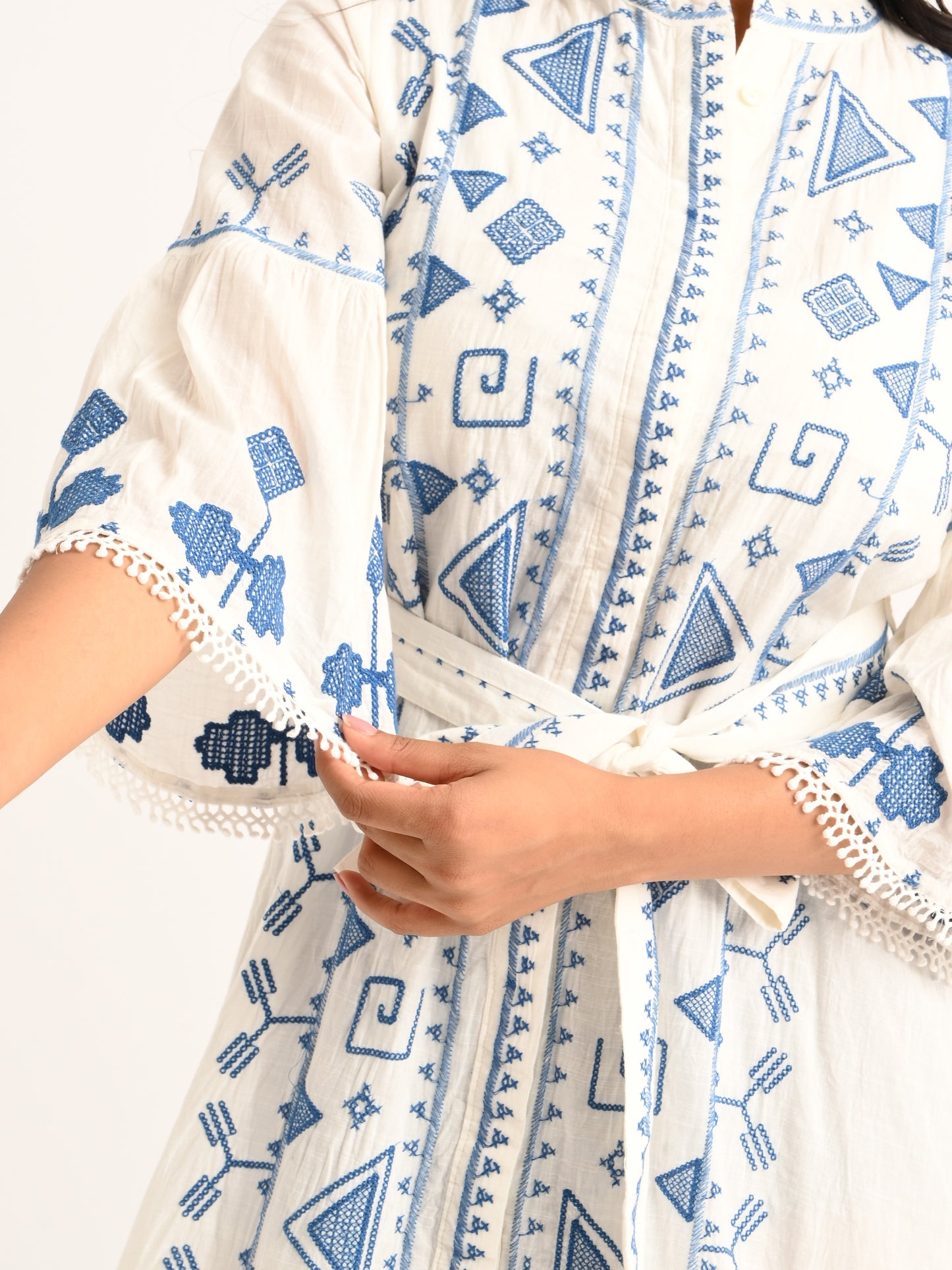 Embroidered White Flared Dress with Blue Accents