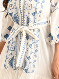 Embroidered White Flared Dress with Blue Accents