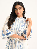 Embroidered White Flared Dress with Blue Accents
