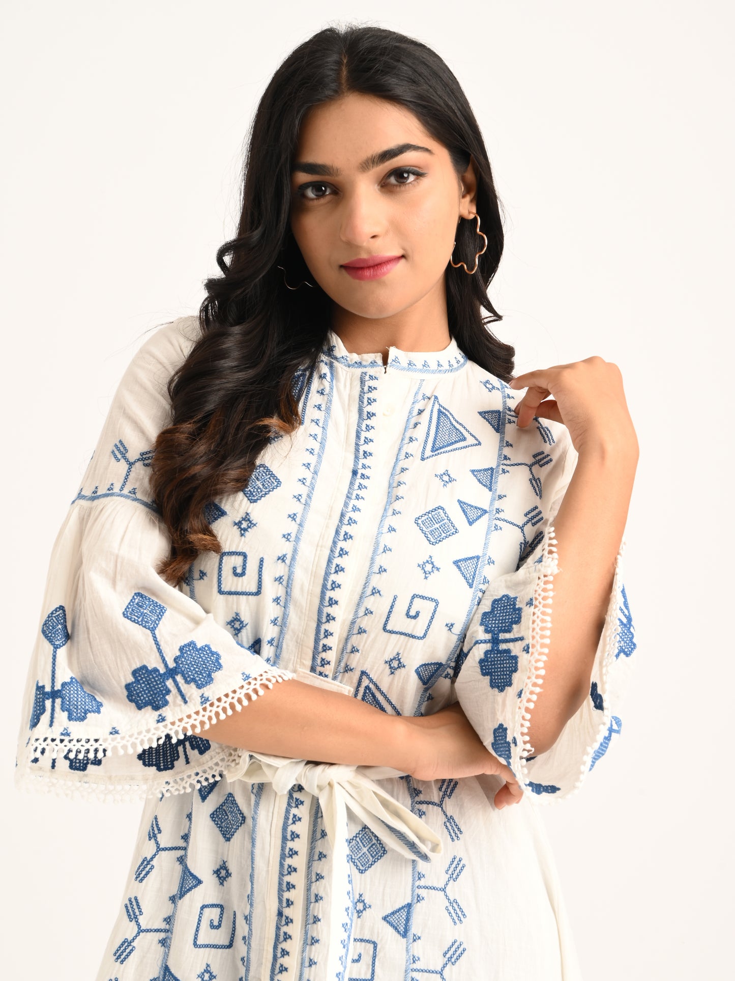 Embroidered White Flared Dress with Blue Accents