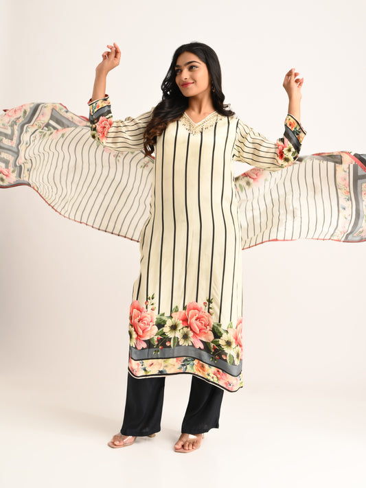 Floral Striped Kurta Set with Dupatta
