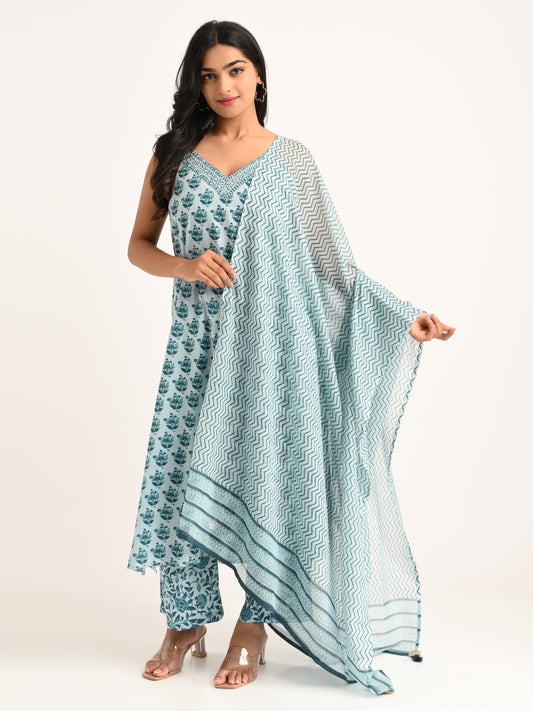 Azure Bloom Cotton Kurta Set
