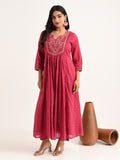 Embroidered Flared Kurta Set in Deep Pink