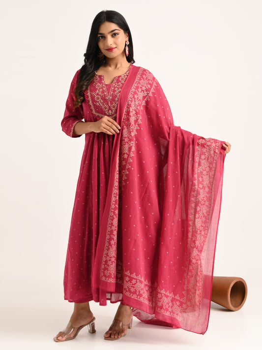 Embroidered Flared Kurta Set in Deep Pink