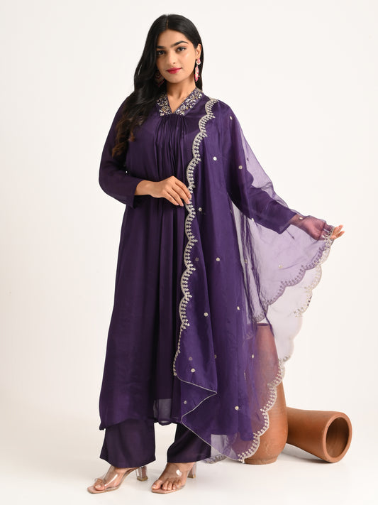 Zardosi & Cutdana Embroidered Flared Kurta Set in Deep Purple