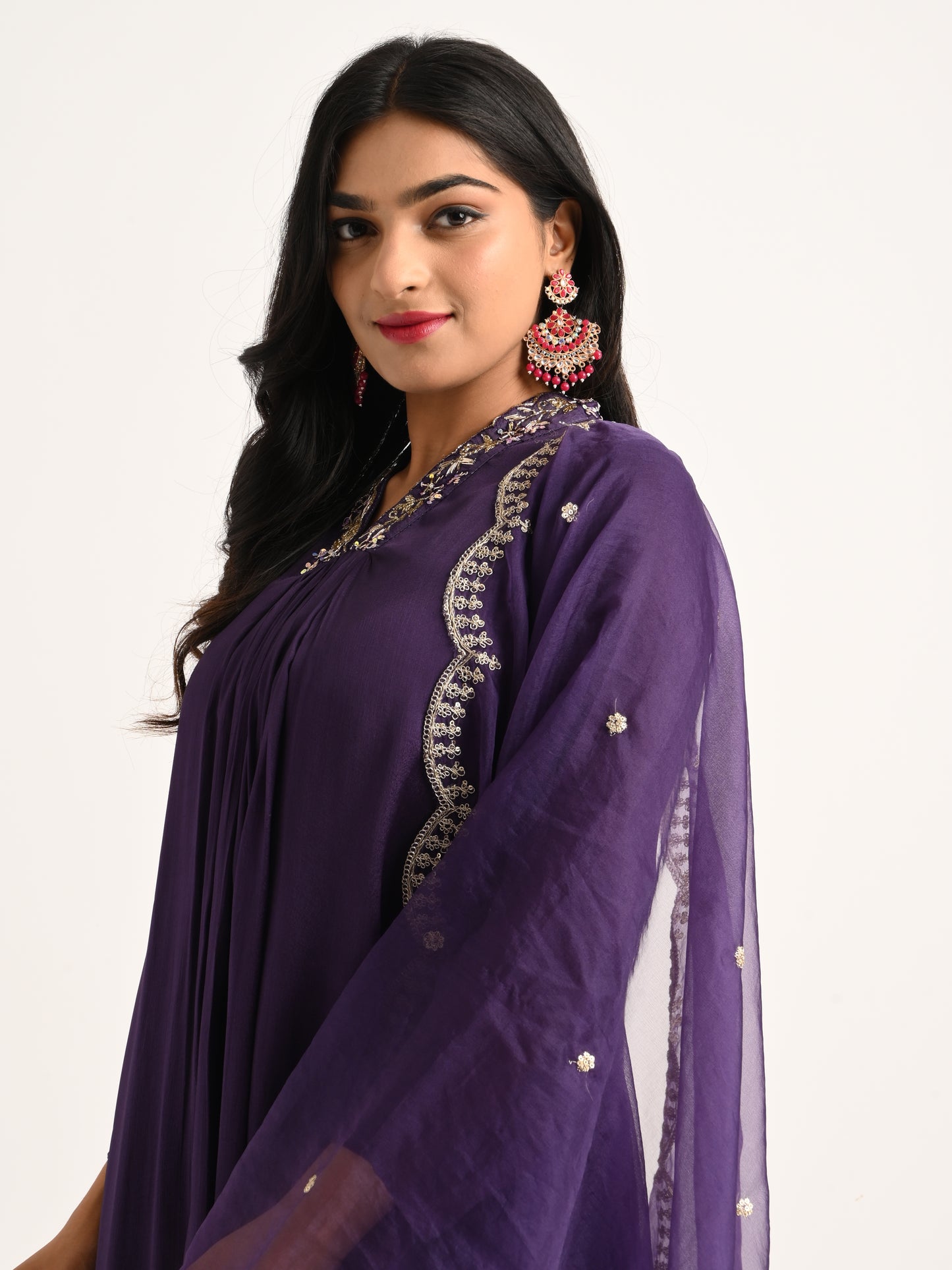 Zardosi & Cutdana Embroidered Flared Kurta Set in Deep Purple