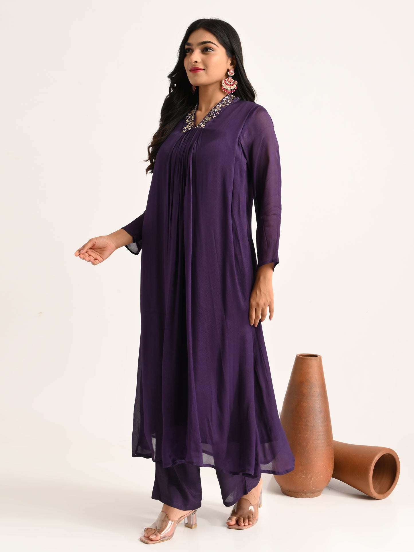 Zardosi & Cutdana Embroidered Flared Kurta Set in Deep Purple