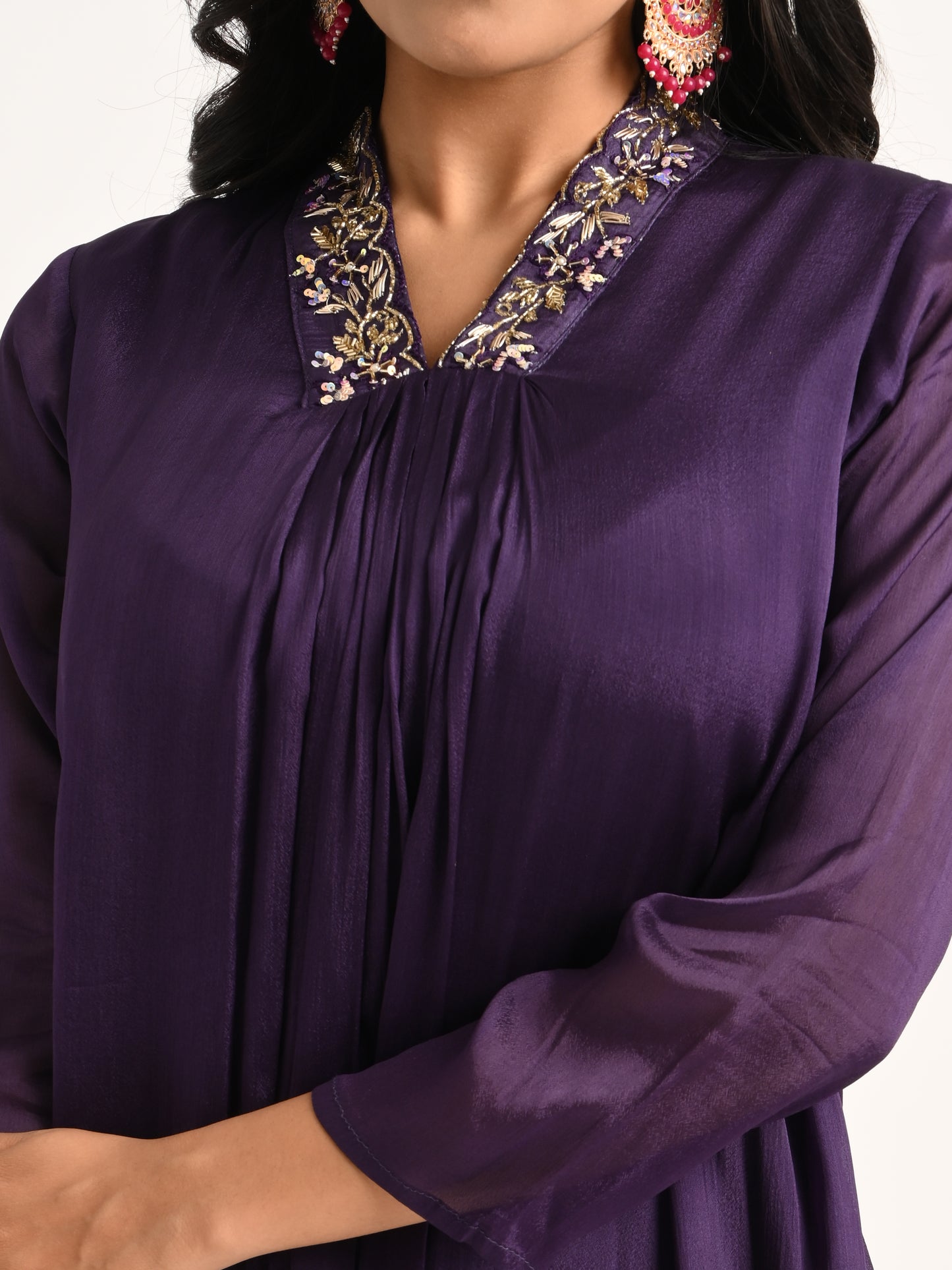 Zardosi & Cutdana Embroidered Flared Kurta Set in Deep Purple