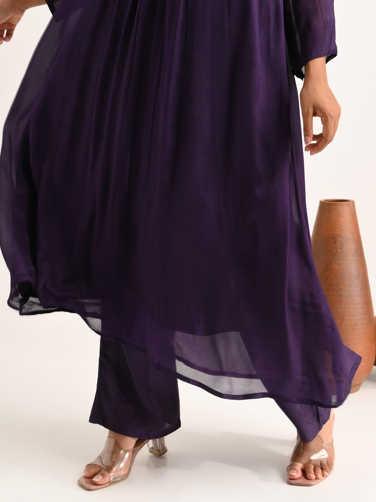 Zardosi & Cutdana Embroidered Flared Kurta Set in Deep Purple