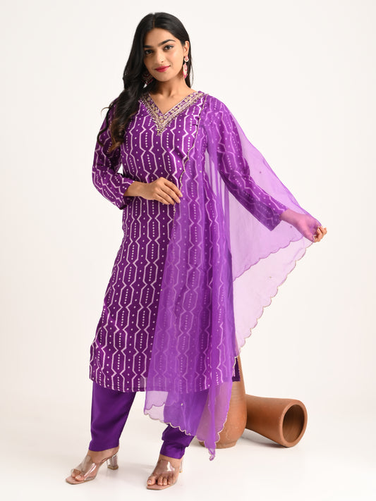 Purple Printed Kurta Set with Dupatta