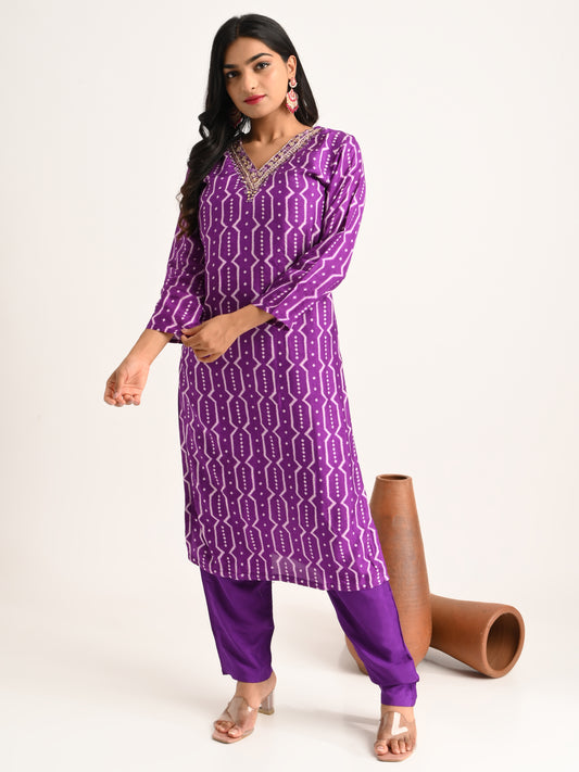 Purple Printed Kurta Set with Dupatta