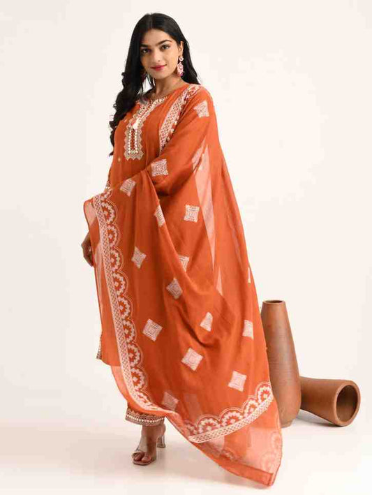 Rust Threadwork Kurta Set