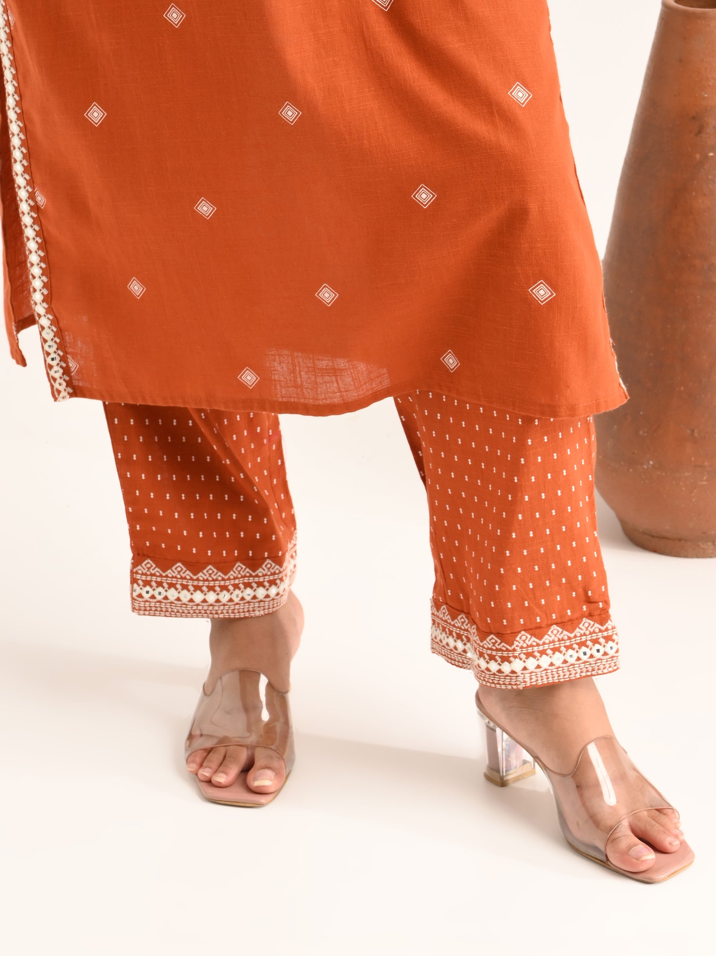 Rust Threadwork Kurta Set