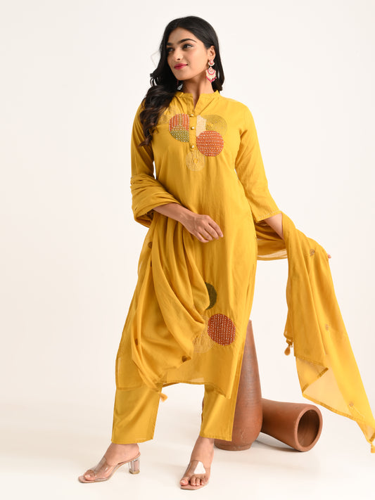 Thread Embroidered Mustard Kurta Set