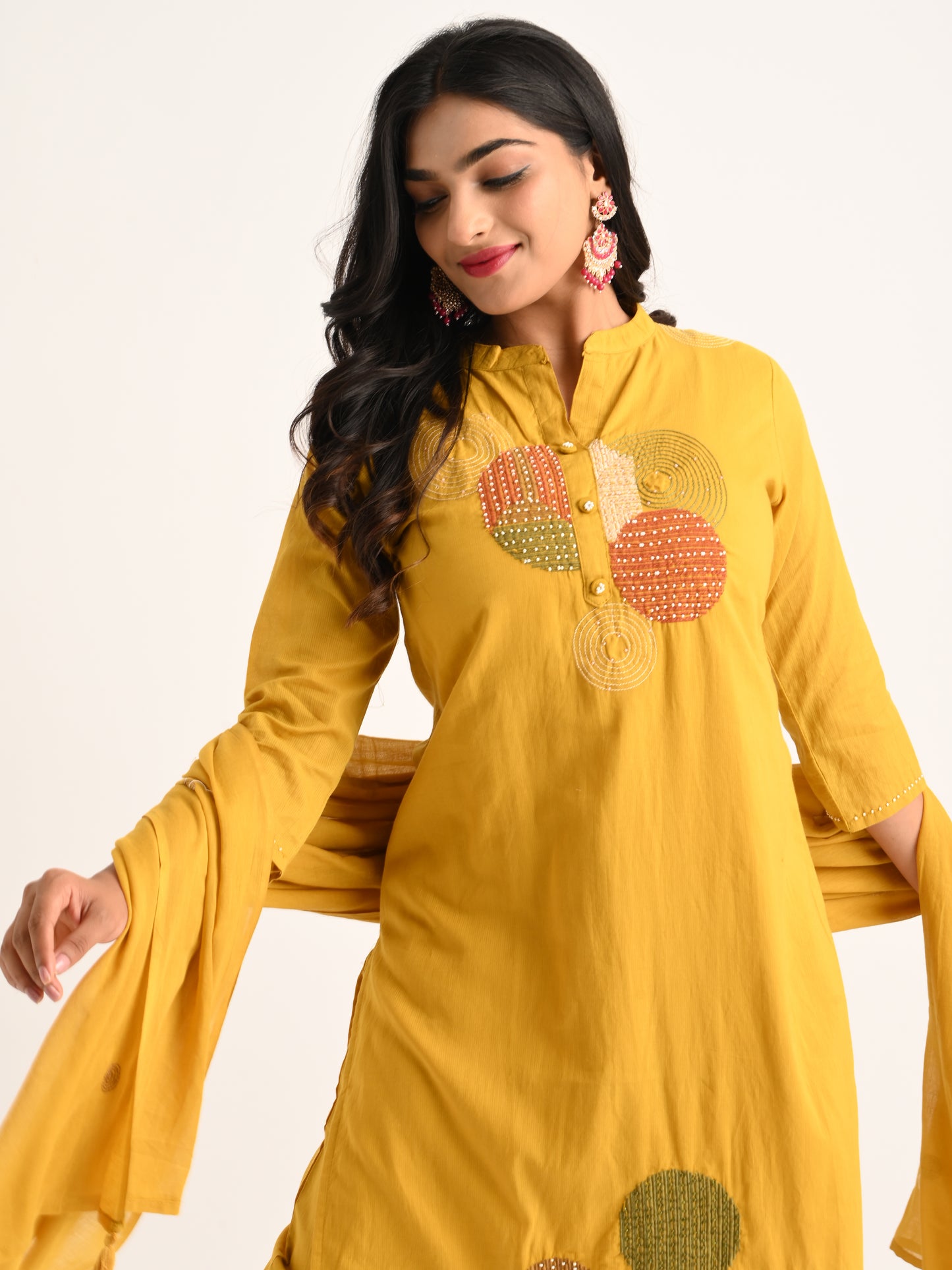 Thread Embroidered Mustard Kurta Set