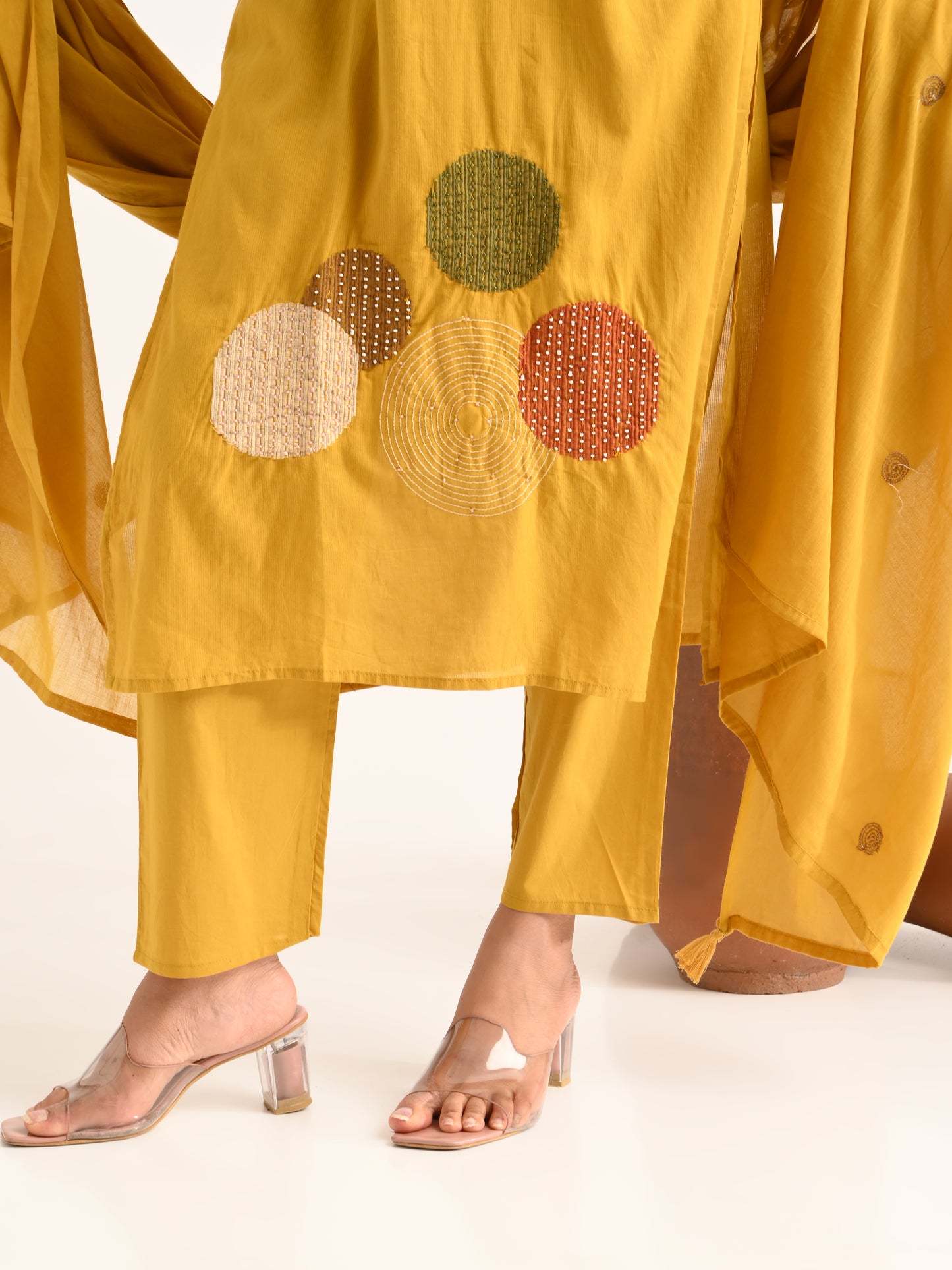 Thread Embroidered Mustard Kurta Set