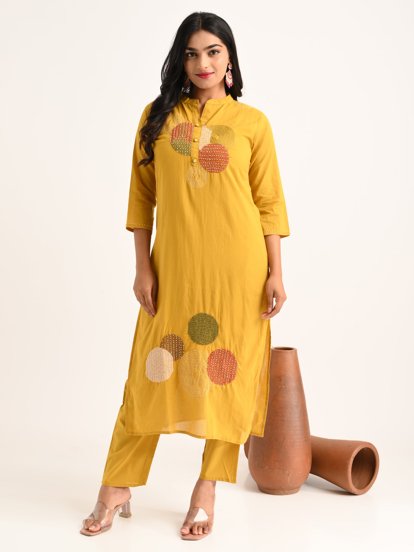 Thread Embroidered Mustard Kurta Set