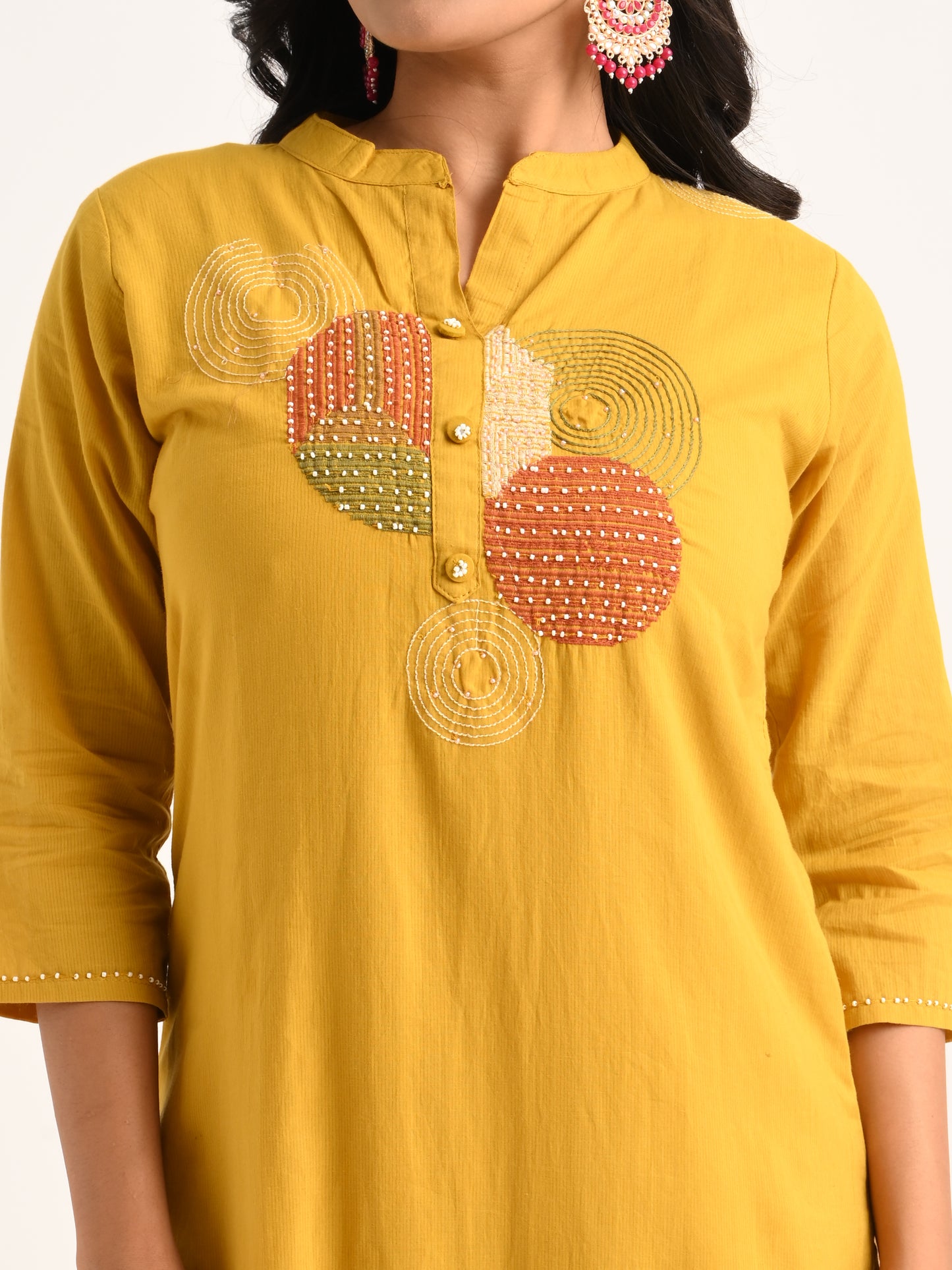 Thread Embroidered Mustard Kurta Set