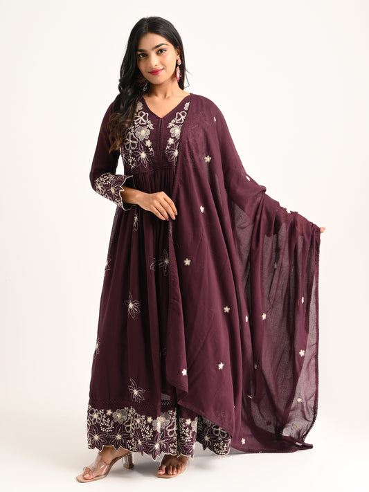 Wine Floral Embriodered Anarakali