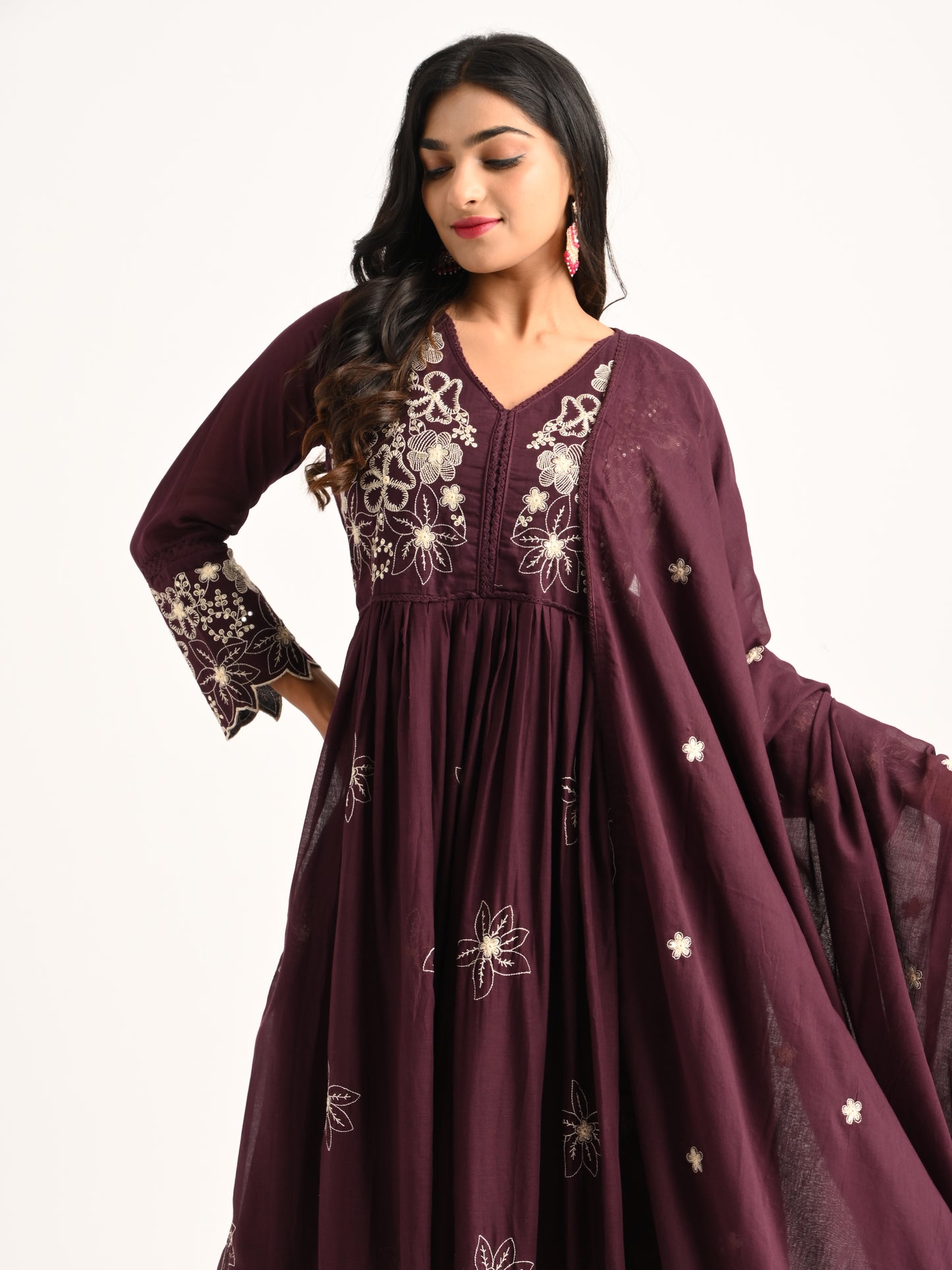 Wine Floral Embriodered Anarakali