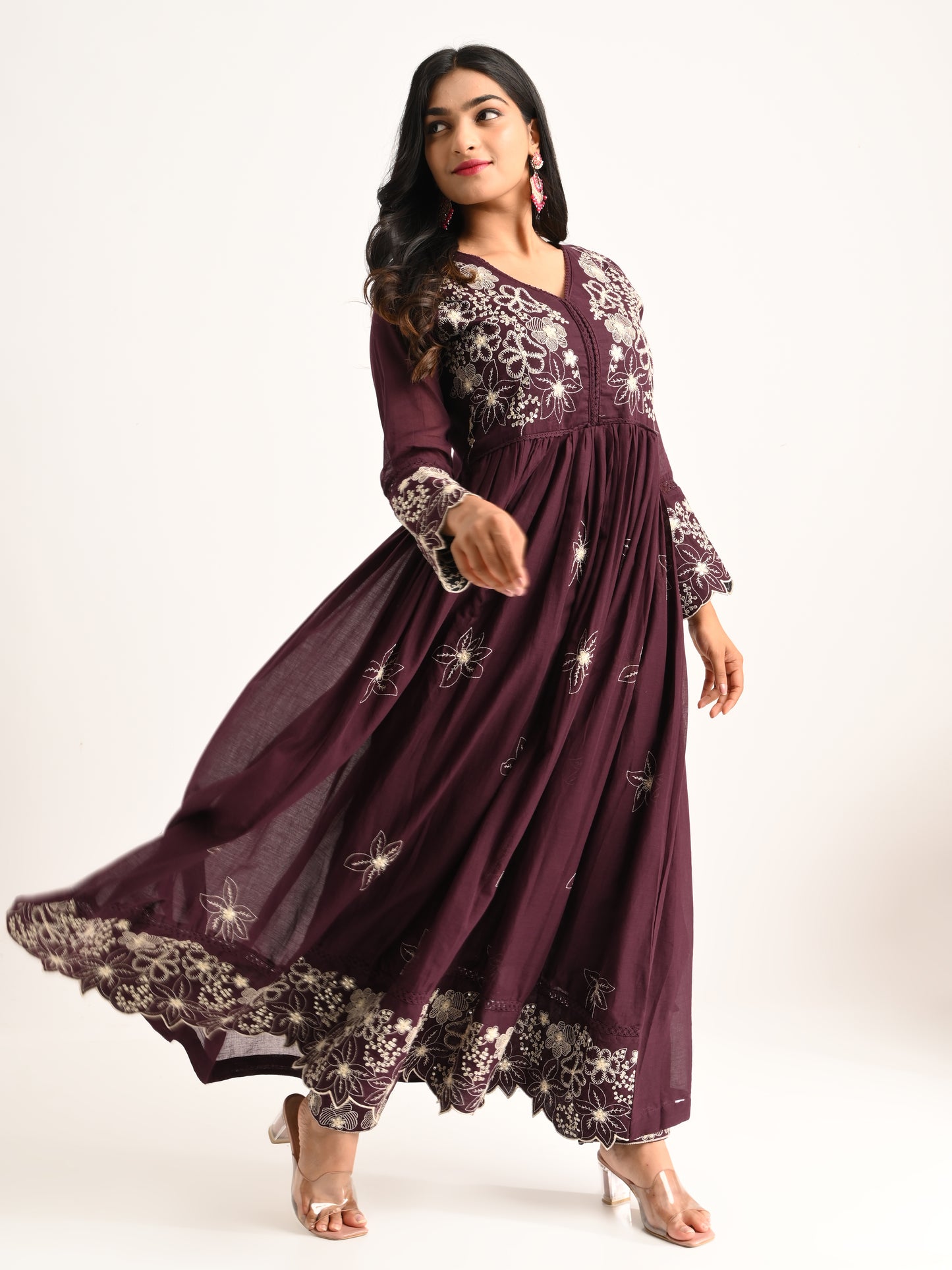 Wine Floral Embriodered Anarakali
