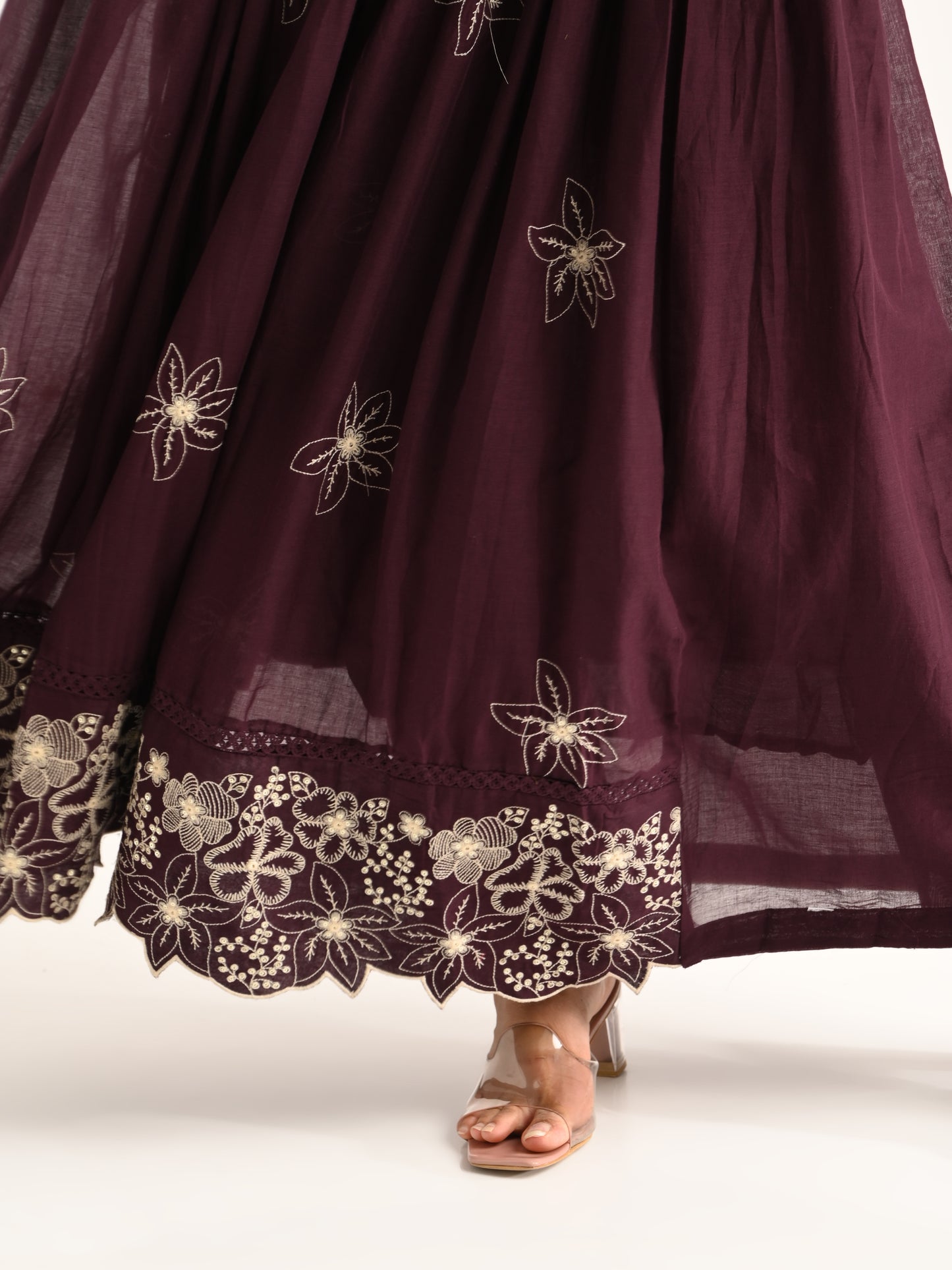 Wine Floral Embriodered Anarakali