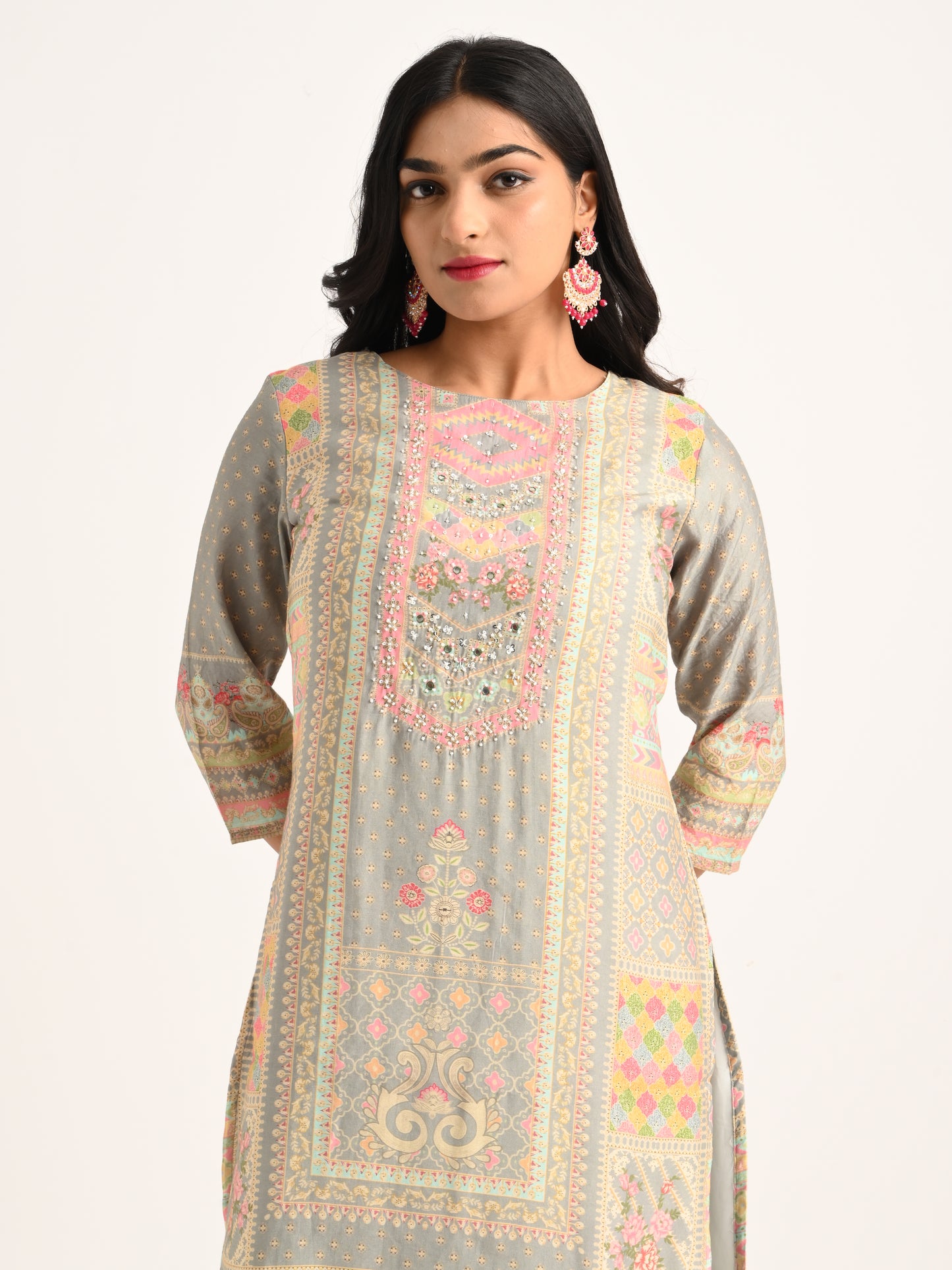 Pastel Printed Straight Kurta Set in Grey