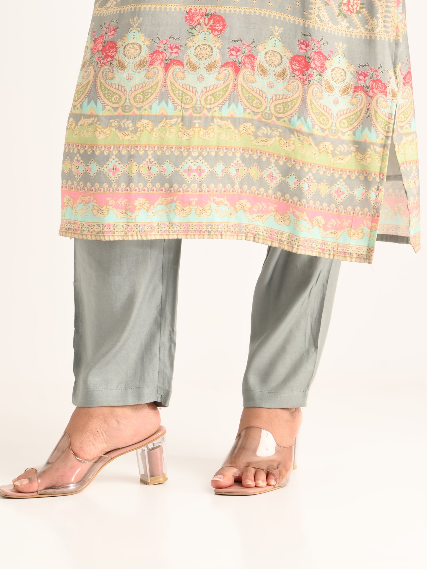 Pastel Printed Straight Kurta Set in Grey