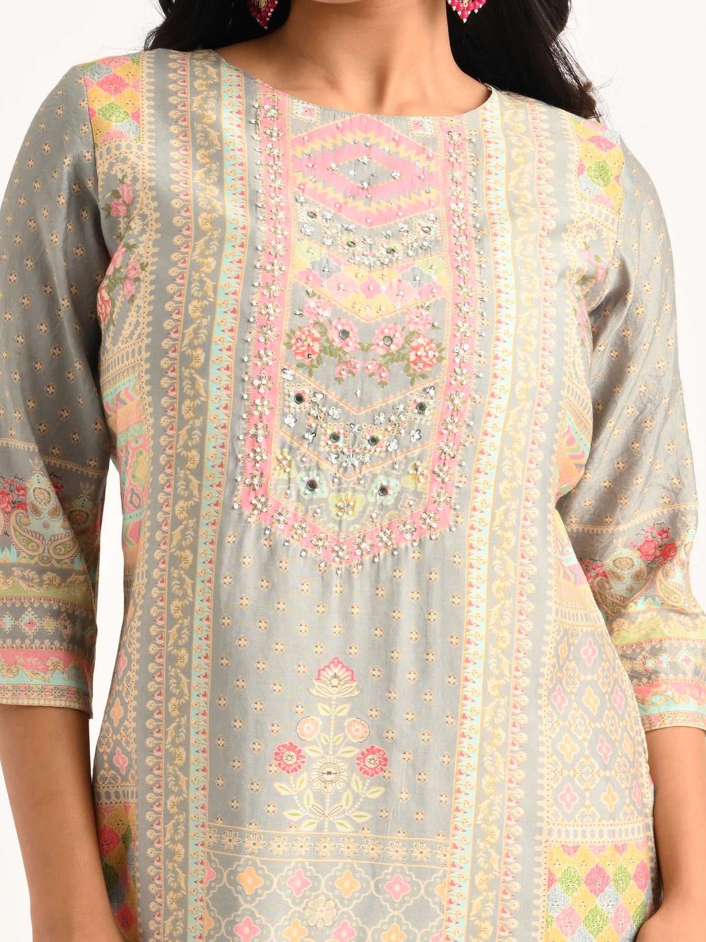 Pastel Printed Straight Kurta Set in Grey